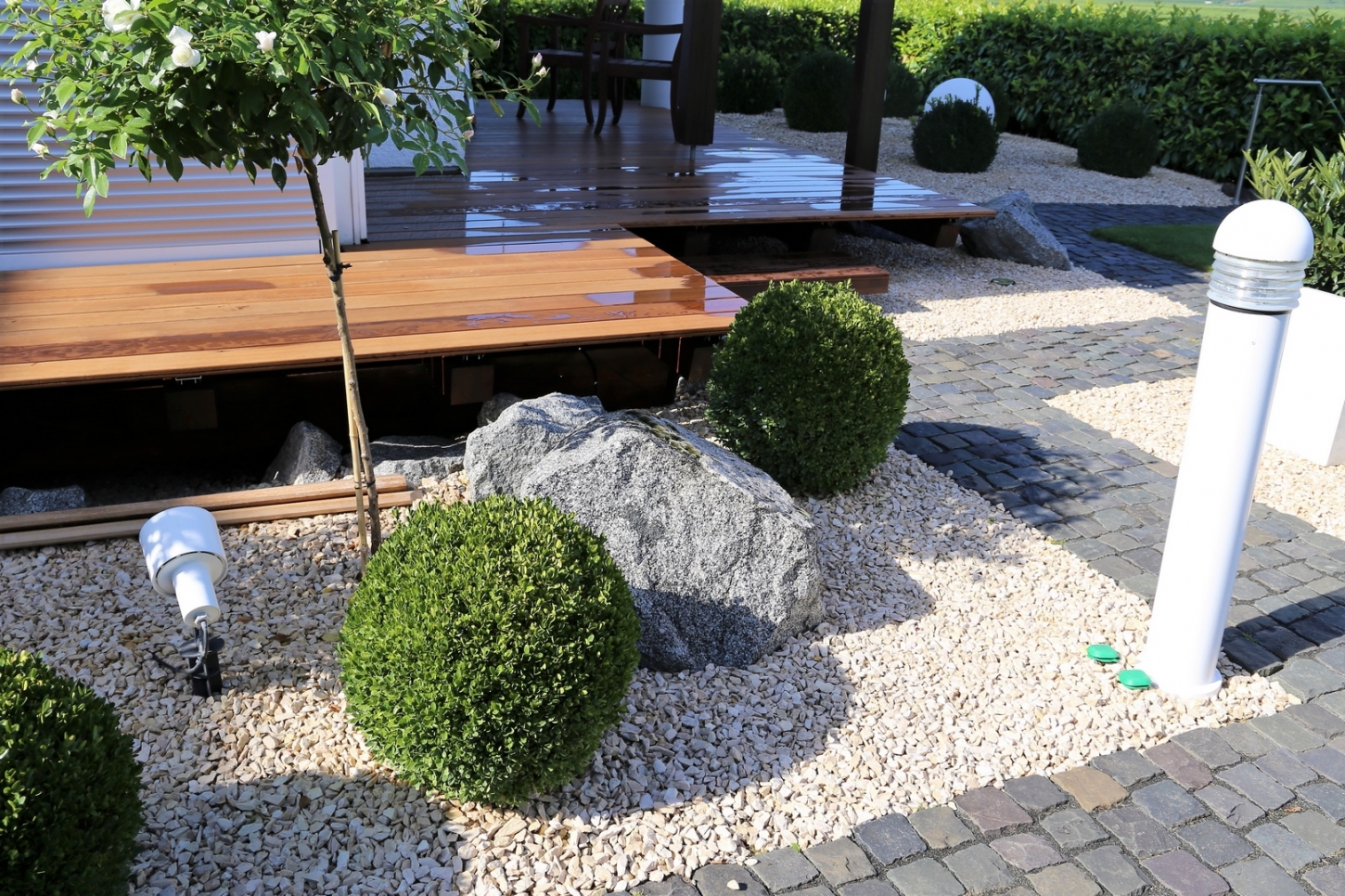 Een tuin met een pad dat tussen siergrind loopt.