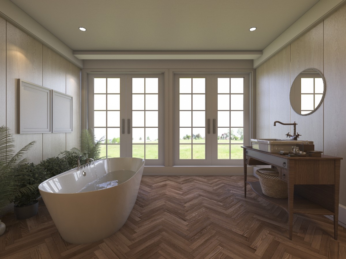 Een moderne, lichte badkamer met laminaatvloer en vrijstaand bad.